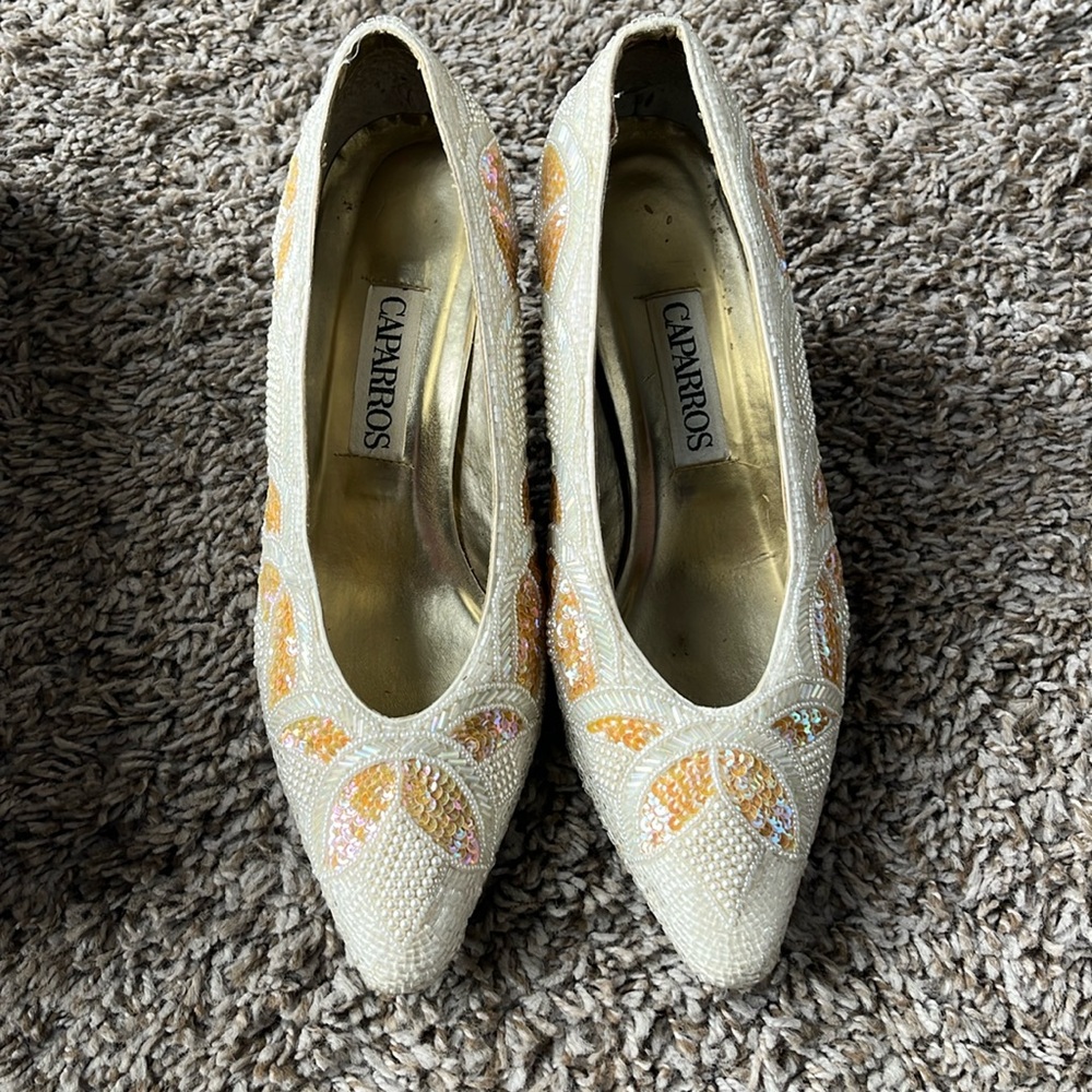 Vintage Caparros Ivory Silk Beaded Dress Heels Shoes Size 8 B